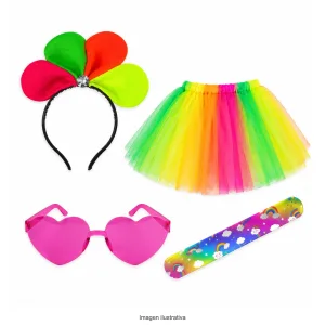 Kit Disfraz Arcoíris Infantil Vincha Pétalos Tutú Multicolor Anteojos