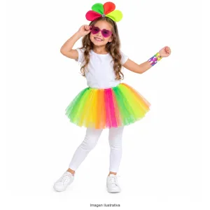 Kit Disfraz Arcoíris Infantil Vincha Pétalos Tutú Multicolor Anteojos