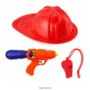 Kit Disfraz Bombero Infantil Casco Pistola de Agua y Silbato