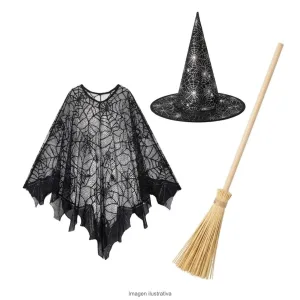 Kit Disfraz Bruja Adulta Poncho Telaraña Sombrero y Escoba - Componentes