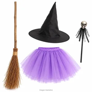 Alternative view of Kit Disfraz Brujita Infantil Gorro Tutú Lila Escoba y Varita