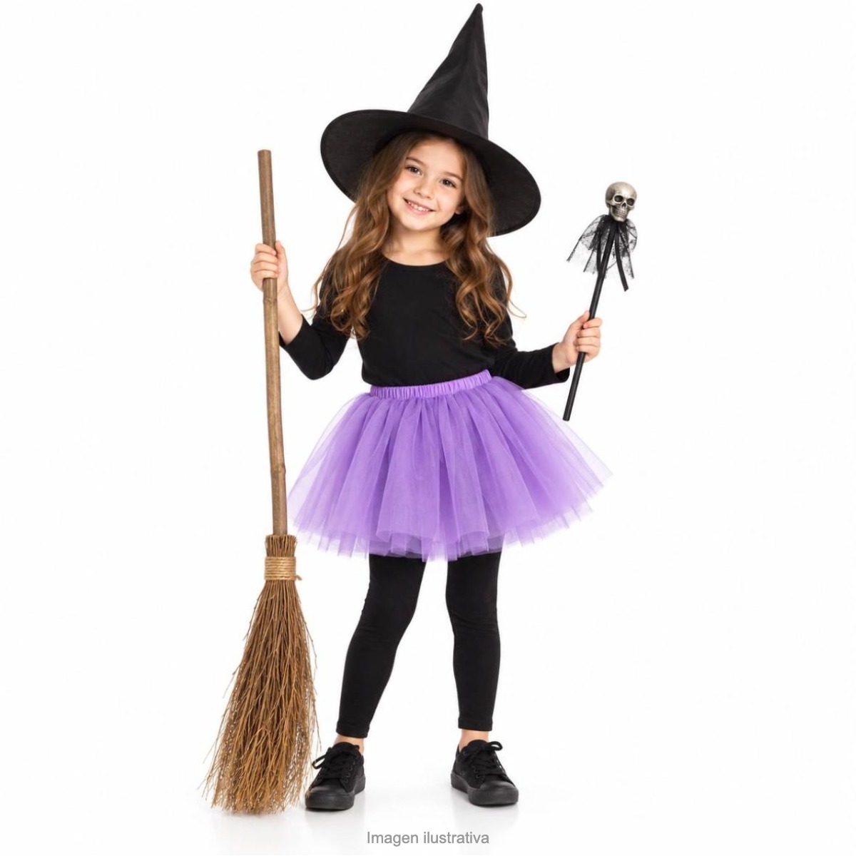 Kit Disfraz Brujita Infantil Gorro Tutú Lila Escoba y Varita