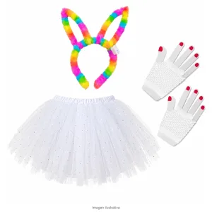Kit Disfraz Conejita Adulta Vincha Luminosa Tutú Blanco y Guantes de Red - componentes