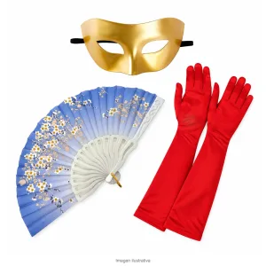 Kit Disfraz Dama Veneciana Adulta Antifaz Abanico y Guantes Largos - componentes