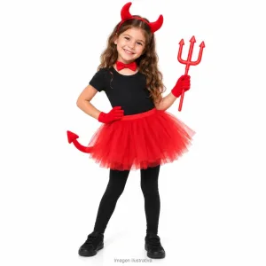 Kit Disfraz Diablita Infantil Set Peluche Tutú Rojo Tridente y Guantes