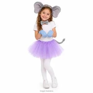 Kit Disfraz Elefantita Infantil Set Peluche Tutú Lila y Guantes Celestes