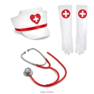Kit Disfraz Enfermera Adulta Gorra Guantes y Estetoscopio - Componentes