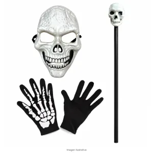 Kit Disfraz Esqueleto Adulto Máscara Calavera Guantes y Bastón - componentes