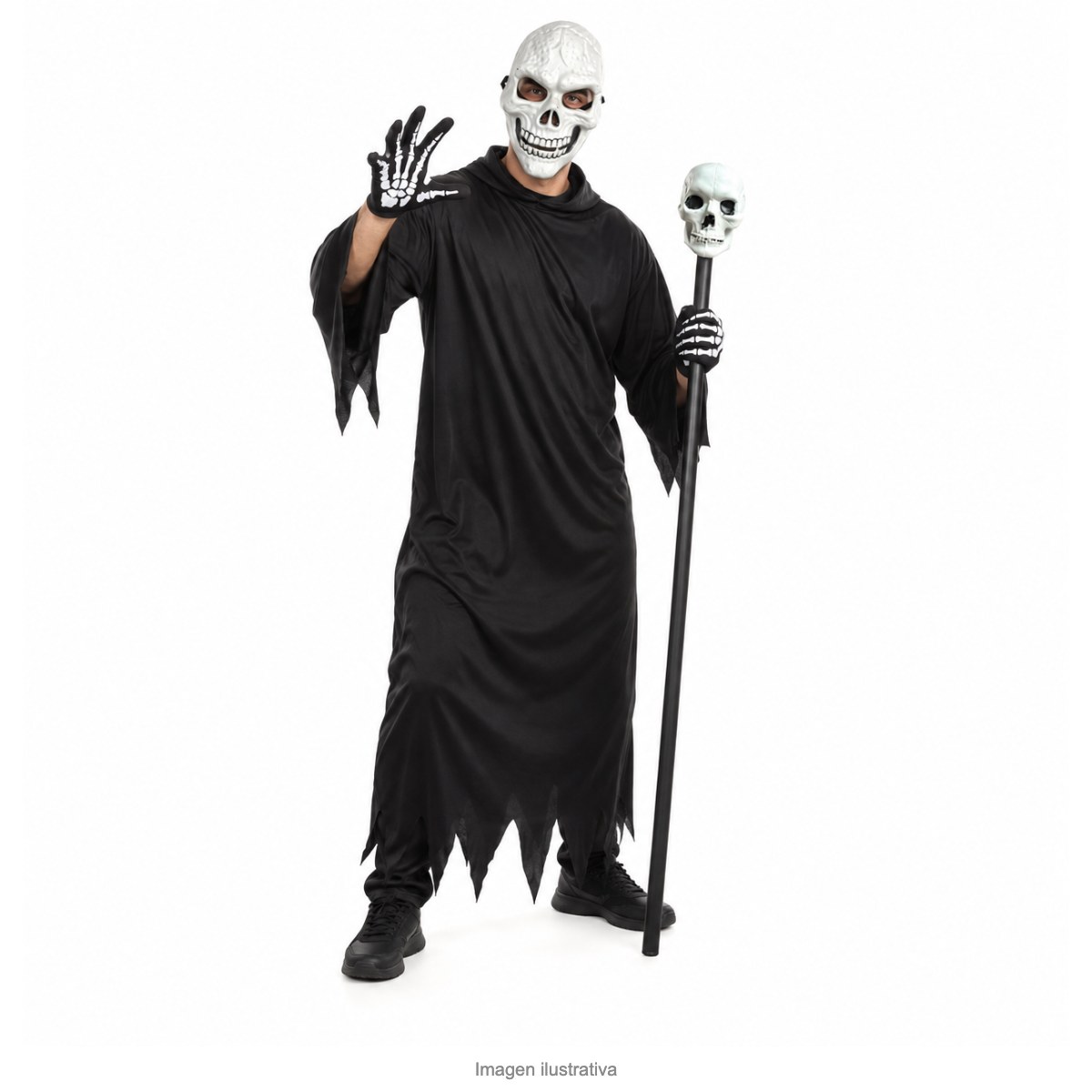 Kit Disfraz Esqueleto Adulto Máscara Calavera Guantes y Bastón - modelo