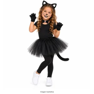 Kit Disfraz Gatita Infantil Orejas Cola Tutú Guantes y Labial Negro