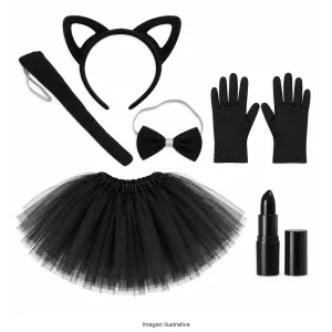 Kit Disfraz Gatita Infantil Orejas Cola Tutú Guantes y Labial Negro
