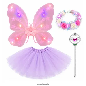 Kit Disfraz Hada Mariposa Infantil Alas Luminosas Tutú Tiara Vara