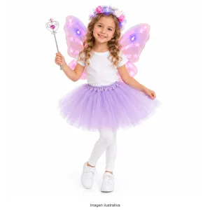 Kit Disfraz Hada Mariposa Infantil Alas Luminosas Tutú Tiara Vara