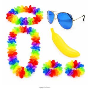 Kit Disfraz Hawaiano Adulto Set Collares Anteojos Aviador y Maraca - componentes
