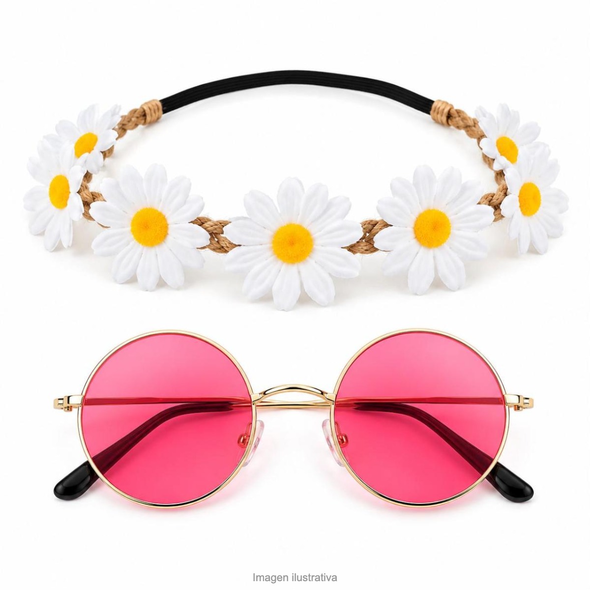 Kit Disfraz Hippie Infantil Anteojos Lennon y Vincha Margaritas - Imagen 2