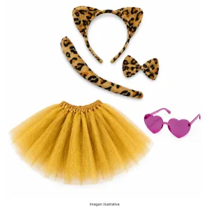 Kit Disfraz Leoparda Infantil Set Peluche Tutú Dorado y Anteojos
