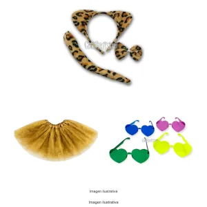 Kit Disfraz Leoparda Infantil Set Peluche Tutú Dorado y Anteojos