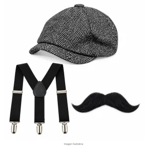 Kit Disfraz Mafioso Años 20 Adulto Boina Tiradores y Bigote - componentes