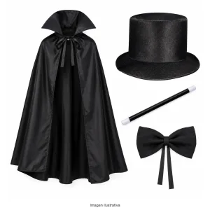 Kit Disfraz Mago Infantil Capa Negra Galera Varita y Moño