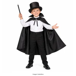 Kit Disfraz Mago Infantil Capa Negra Galera Varita y Moño