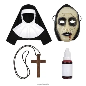 Kit Disfraz Monja Terror Adulta Velo Máscara Cruz y Sangre - Componentes