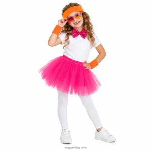 Kit Disfraz Ochentosa Infantil Muñequeras Vincha Tutú Fucsia Moño y Anteojos