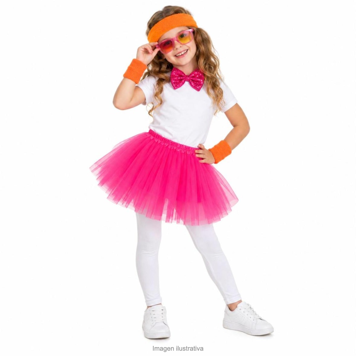 Kit Disfraz Ochentosa Infantil Muñequeras Vincha Tutú Fucsia Moño y Anteojos