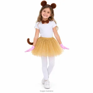 Kit Disfraz Osita Infantil Set Peluche Tutú Dorado y Guantes Rosa