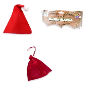 Kit Disfraz Papá Noel Gorro Barba Blanca y Bolsa de Regalos