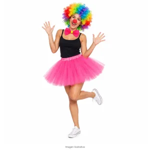 Kit Disfraz Payasa Adulta Peluca Nariz Luminosa Tutú Rosa y Moño - modelo