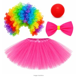 Kit Disfraz Payasa Adulta Peluca Nariz Luminosa Tutú Rosa y Moño - componentes