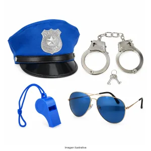 Kit Disfraz Policía Infantil Gorro con Placa Esposas Silbato Anteojos