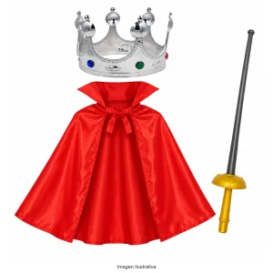 Kit Disfraz Príncipe Infantil Corona Capa Roja y Espada Dorada
