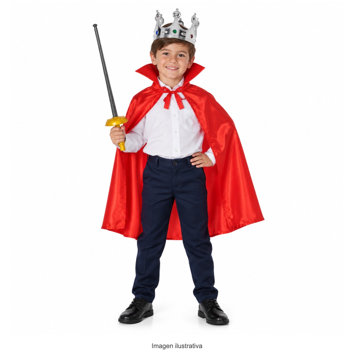 Kit Disfraz Príncipe Infantil Corona Capa Roja y Espada Dorada