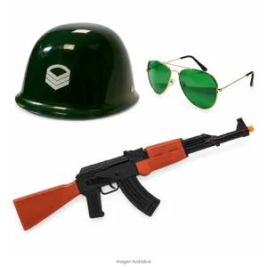 Kit Disfraz Soldado Adulto Casco Anteojos Aviador y Ametralladora - componentes