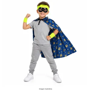 Kit Disfraz Superhéroe Infantil Capa Azul Antifaz y Muñequeras
