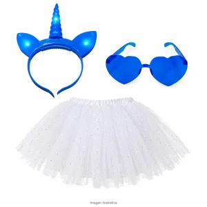 Kit Disfraz Unicornio Adulta Vincha Luminosa Tutú Blanco y Anteojos Corazón - componentes