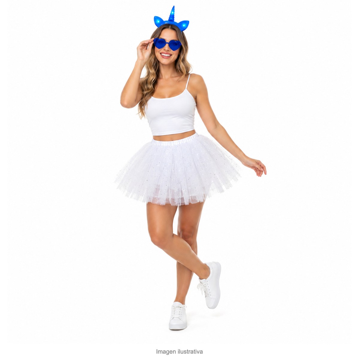Kit Disfraz Unicornio Adulta Vincha Luminosa Tutú Blanco y Anteojos Corazón - modelo
