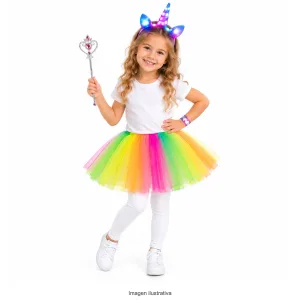 Kit Disfraz Unicornio Infantil Vincha Luminosa Tutú Vara Pulsera