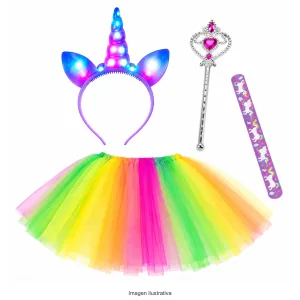 Kit Disfraz Unicornio Infantil Vincha Luminosa Tutú Vara Pulsera