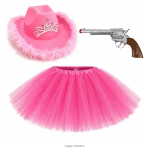 Kit Disfraz Vaquera Adulta Sombrero Rosa Tutú y Revólver - componentes