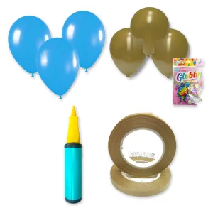 Kit Globos Celeste y Dorado 55 Globos con Inflador y Cinta