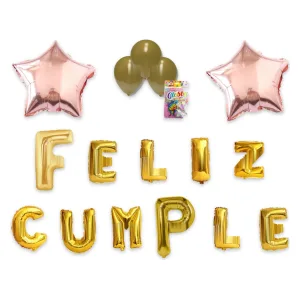 Kit Globos Feliz Cumple Letras Doradas 40cm y 25 Globos