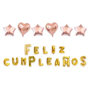 Kit Globos Feliz Cumpleaños Letras Doradas 40cm Estrellas