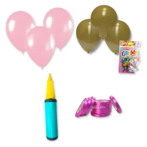 Kit Globos Rosa Pastel y Dorado 55 Globos con Inflador