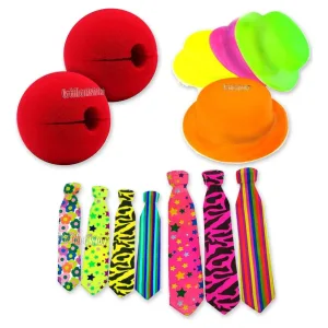 Kit Payaso 10 Narices 10 Sombreros Bombín 10 Corbatas