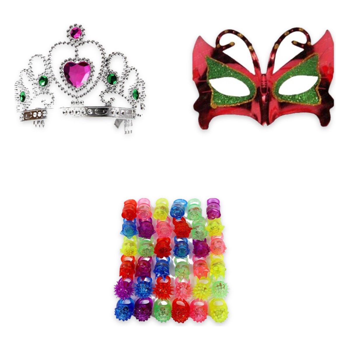 Kit Princesas 10 Tiaras 10 Antifaces 10 Anillos LED - Imagen 2